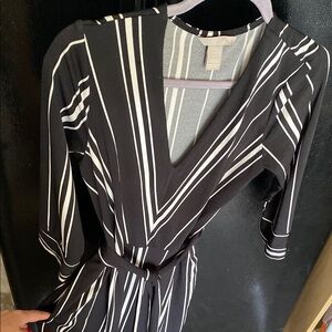 Black and White Striped V-Neck Dress with a tie